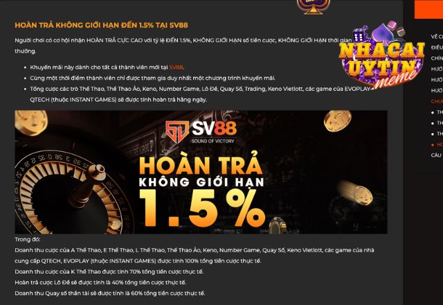 Hoàn trả hấp dẫn chỉ có tại SV88